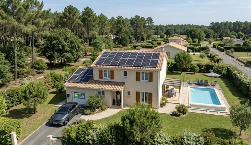 Le Pian Médoc 33290, installation d'une centrale solaire de 11kW pour l'autoconsommation complète d'une villa domotisée avec climatisation et pompe à chaleur piscine pour une consommation de 12856 kw