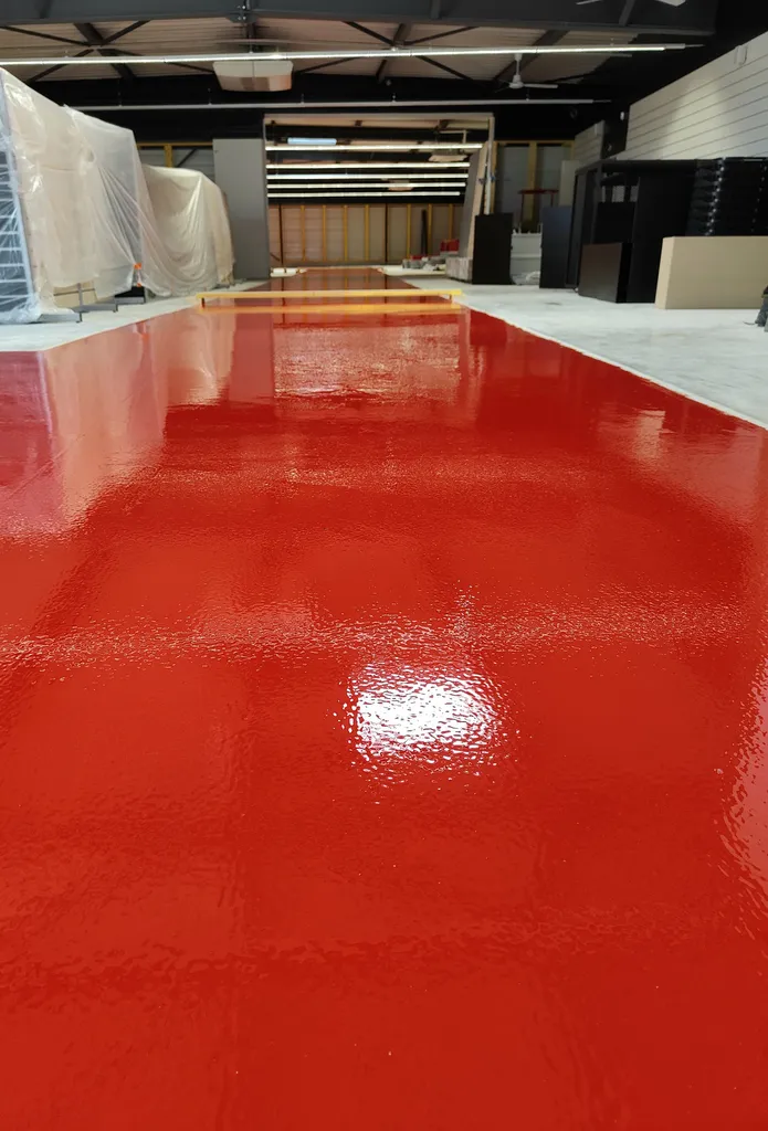 Marquage technique des allées circulatoires d'un magasin à Dijon par l'application d'une résine polyuréthane rouge texture pommelée