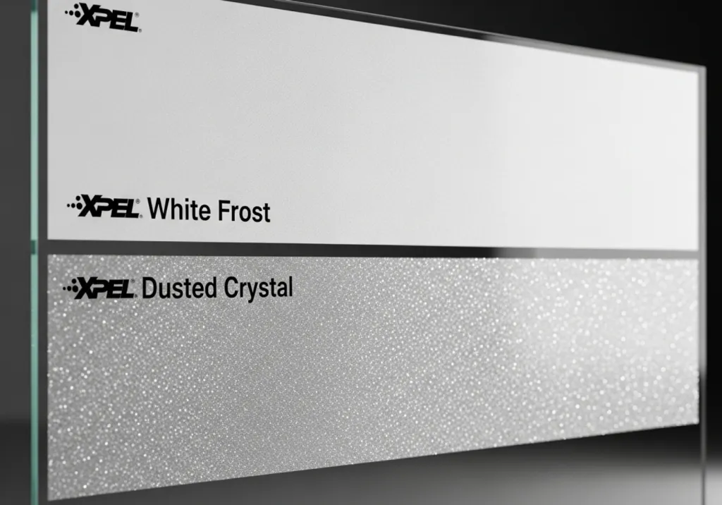 Films dépolis effet sablé XPEL White Frost et Dusted Crystal pour vitrages modernes et élégants à Genève Suisse