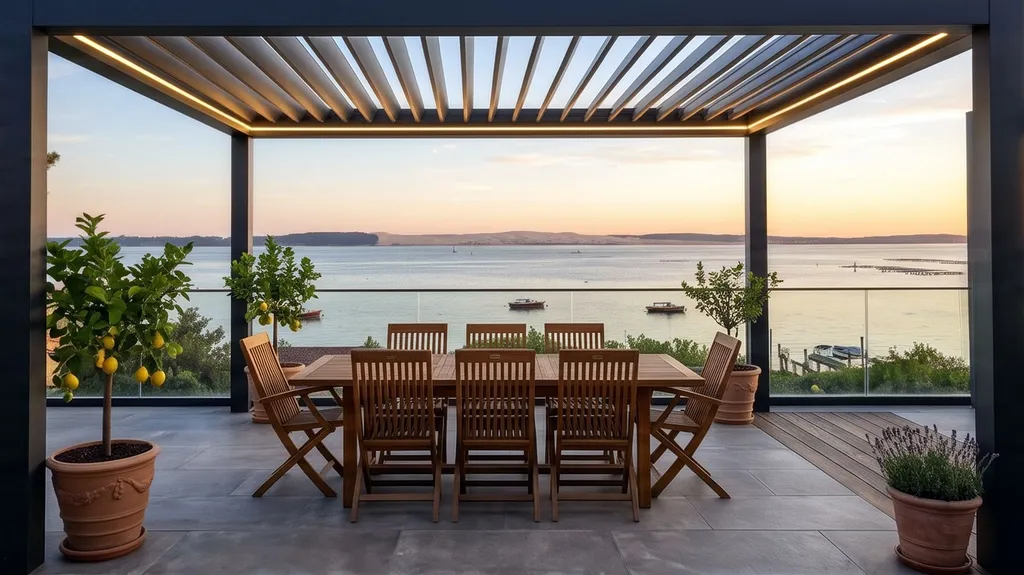 Aménagement de pool house à Agen avec pergola bioclimatique aluminium à lames orientables pour gestion de l’ensoleillement