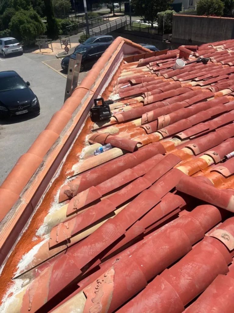 Pendant la rénovation sur une toiture en fibrociment à Angresse, dans les Landes (40)