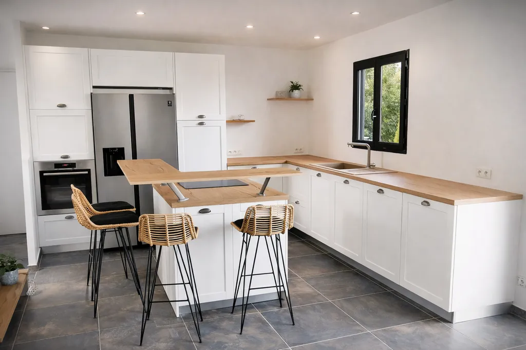 Cuisine façades à cadre blanche et bois électroménagers intégrés 