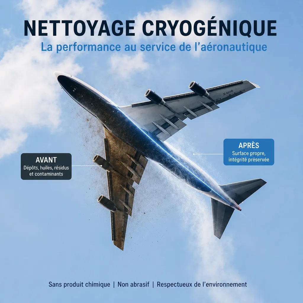 Dans l'industrie aéronautique, le nettoyage cryogénique est un atout majeur pour l'entretien régulier sans eau, sans solvant dans vos ateliers de Roissy Charles de Gaulle en Ile de France
