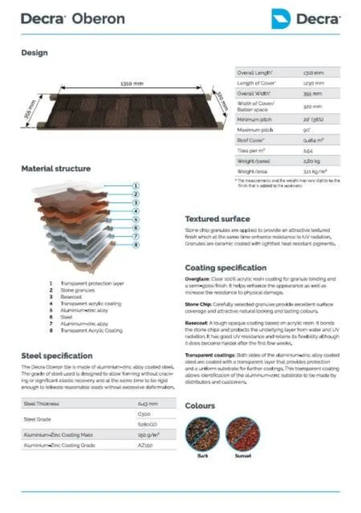 Spécifications DECRA OBERON