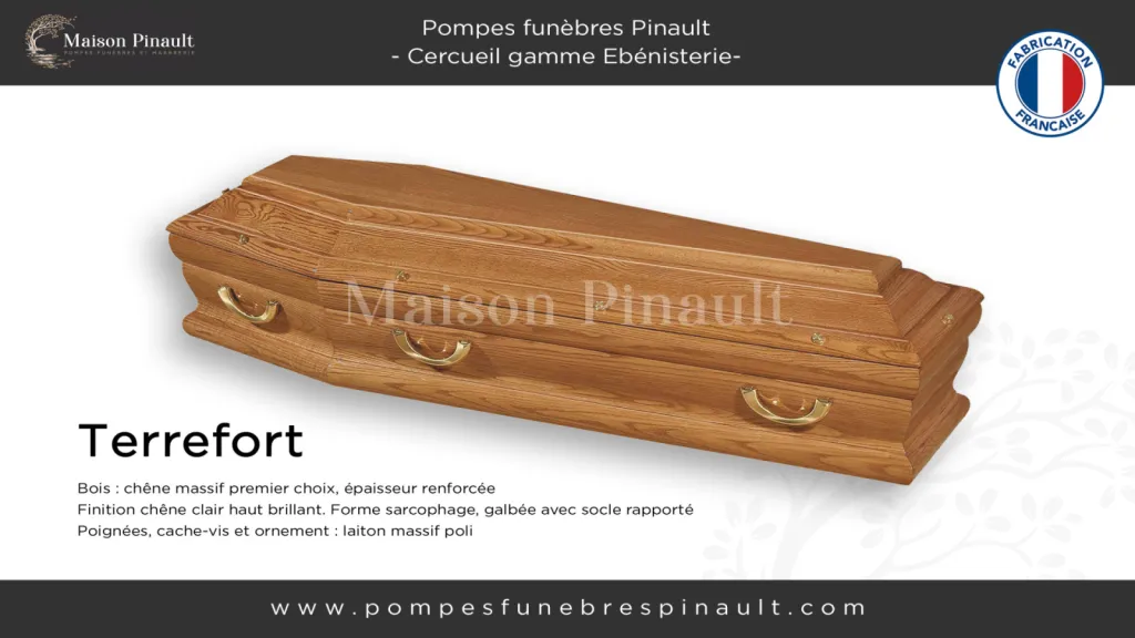 cercueil Terrefort gamme Ebénisterie forme tombeau haut de gamme luxe  chêne massif clair Pompes funèbres Pinault
