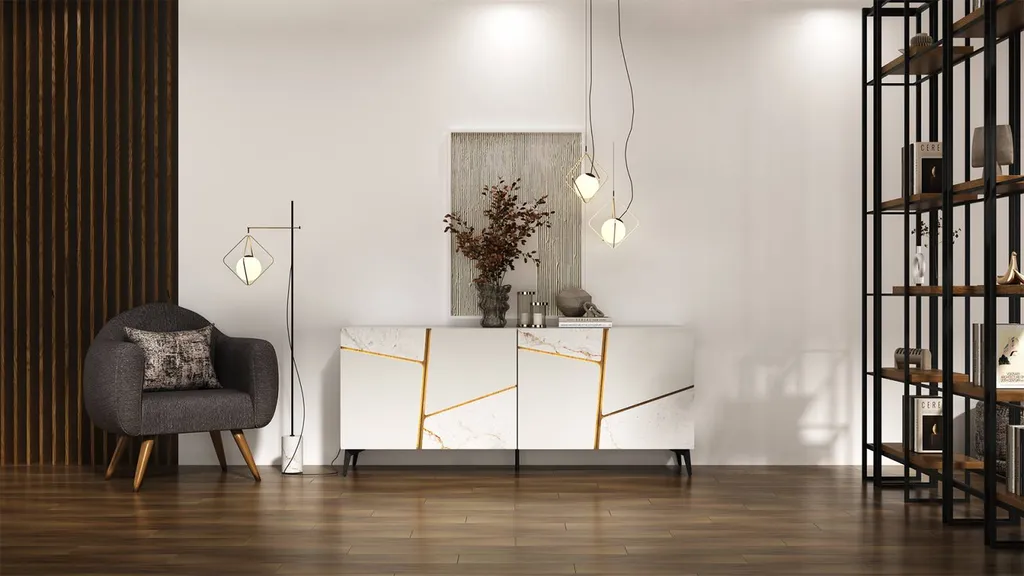 bahut laqué blanc et bois avec néon intégré Hyeres