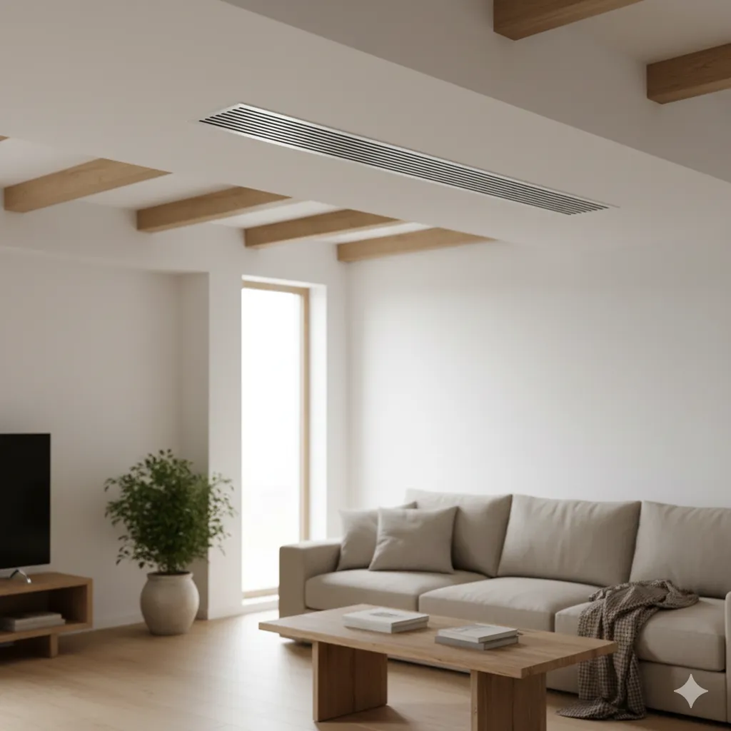 Grille de soufflage discrète au plafond illustrant le rendu esthétique d'une climatisation air-air gainable.