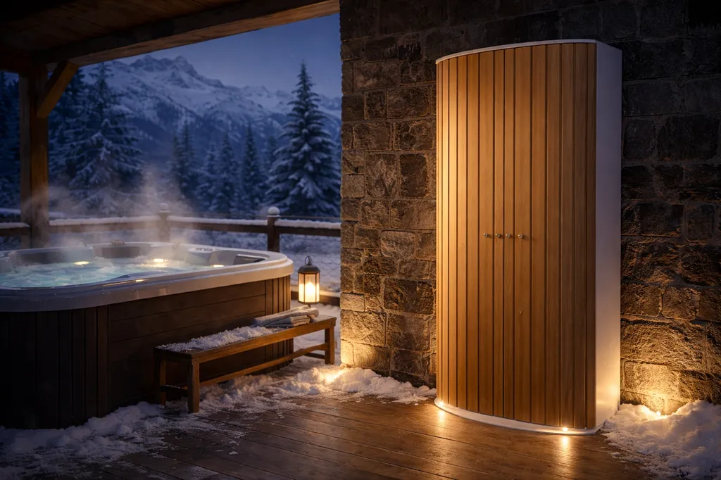 Meuble chauffe peignoirs extérieur sur mesure - Après spa - Ecrin chauffant d'exception - rituel de bien être Marcheprime