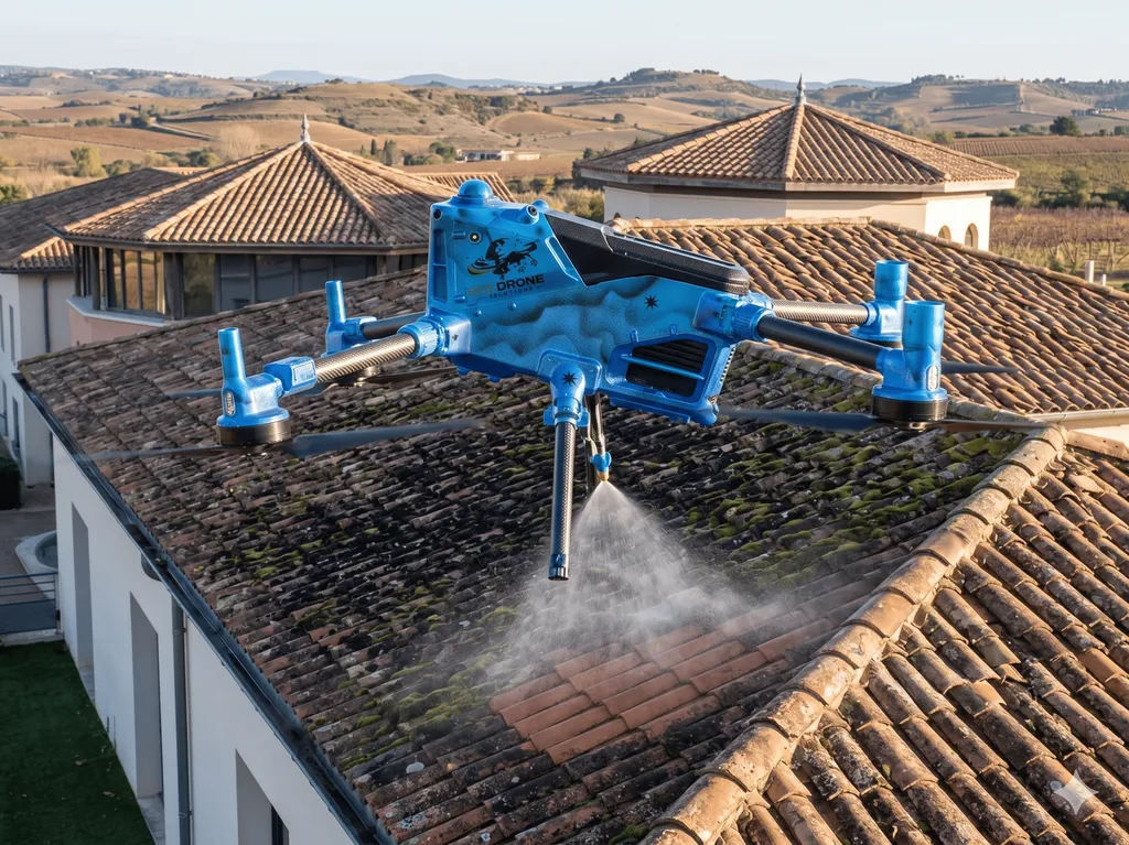 Nettoyage de toitures et démoussage par drone en Occitanie pour les bâtiments professionnels exposés aux mousses et salissures