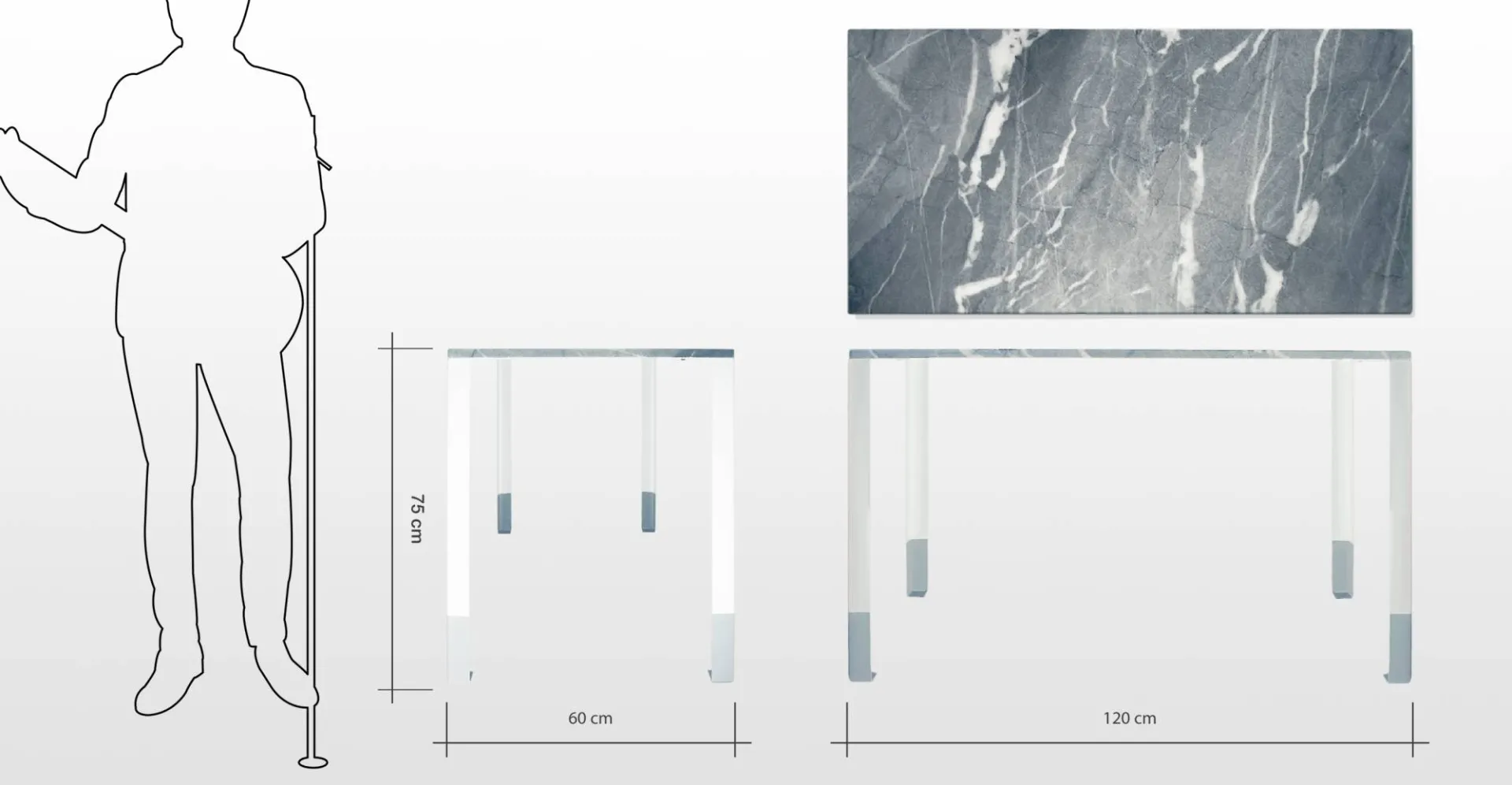 Connie: table bureau design en marbre bleu de savoie, pieds acier laqué blanc et gris brillant