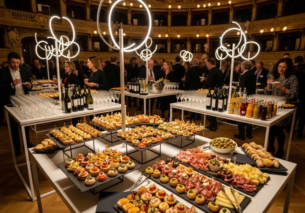 Cocktail réalisé par un traiteur événementiel à Strasbourg en Alsace : apéritifs élégants, boissons variées et service matériel complet