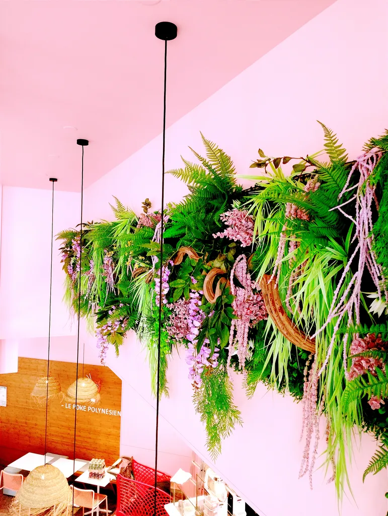 Création d'une décoration de logo avec fleurs et plantes artificielles pour PokéVaiana à Saint-Genis -Laval près de Lyon, ainsi que deux mur végétaux colorés et fleuris