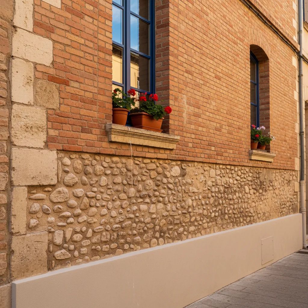 Ravalement de façade à Toulouse avec traitement anti-mousse anti-algues professionnel et protection film mince microporeux contre humidité superficielle en Haute-Garonne 31