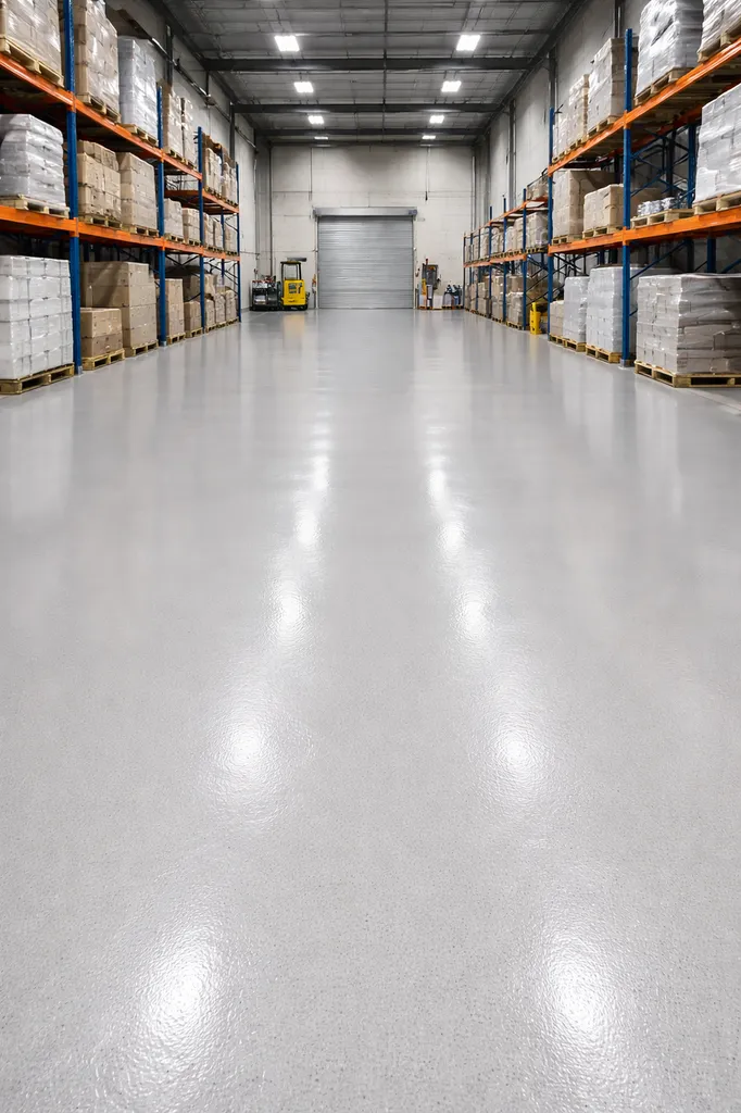 Résine technique anti-poussière installée pour le traitement et la protection durable d’un sol d’entrepôt logistique à Toulouse, secteur Portet-sur-Garonne