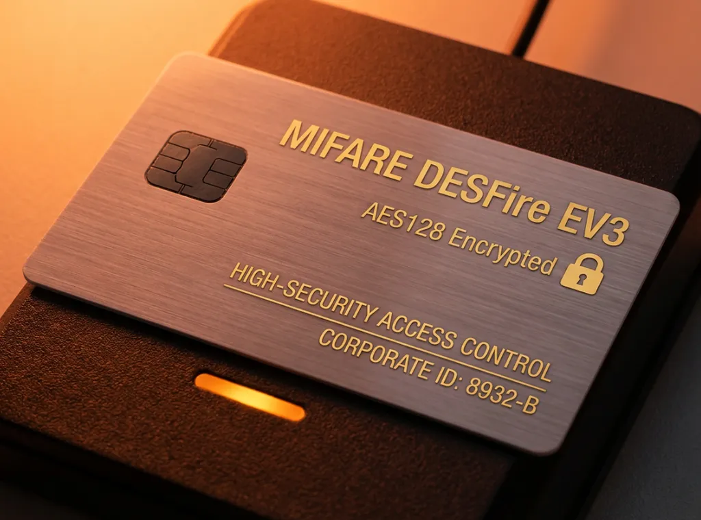 Carte badge RFID MIFARE DESFire crypté professionnel avec puce de sécurité visible, technologie de chiffrement AES128