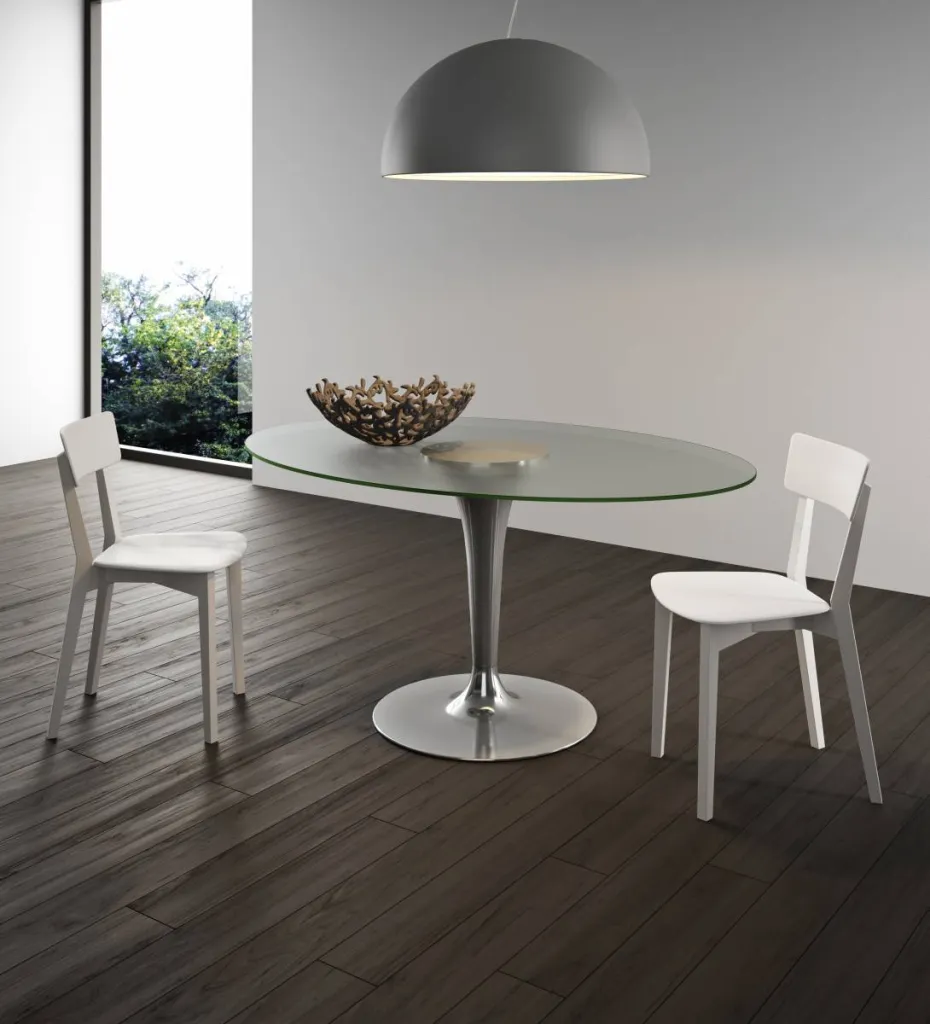 Table de salle à manger ovale rétro verre et pied central métal à la vente à Bandol dans le 83