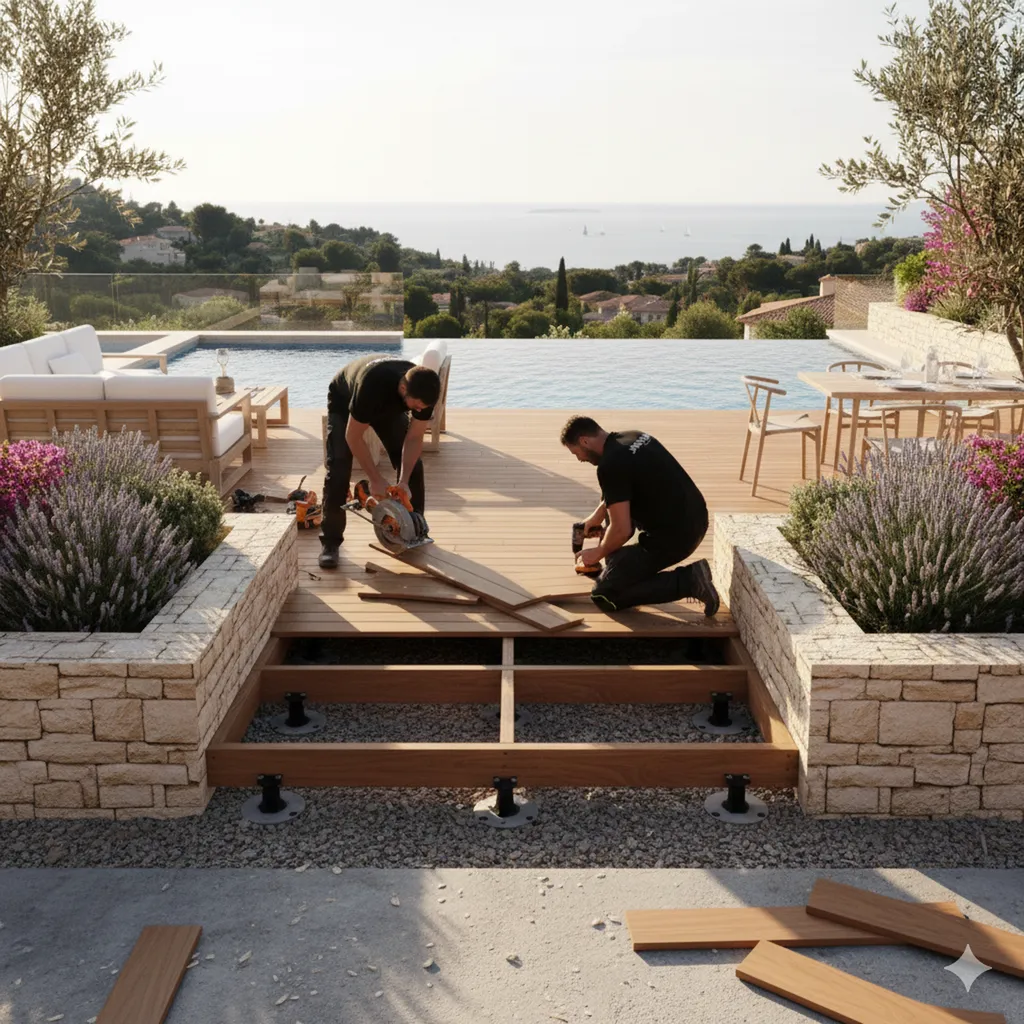 Montage terrasse bois exotique à Sanary proche Bandol