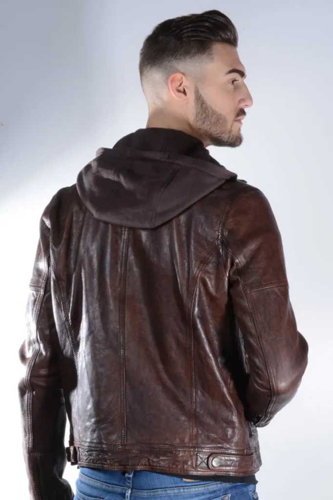 blouson cuir marron capuche homme