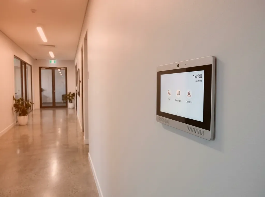 Câblage RJ45 PoE derrière un moniteur intérieur SIP, installation contrôle d'accès professionnel 