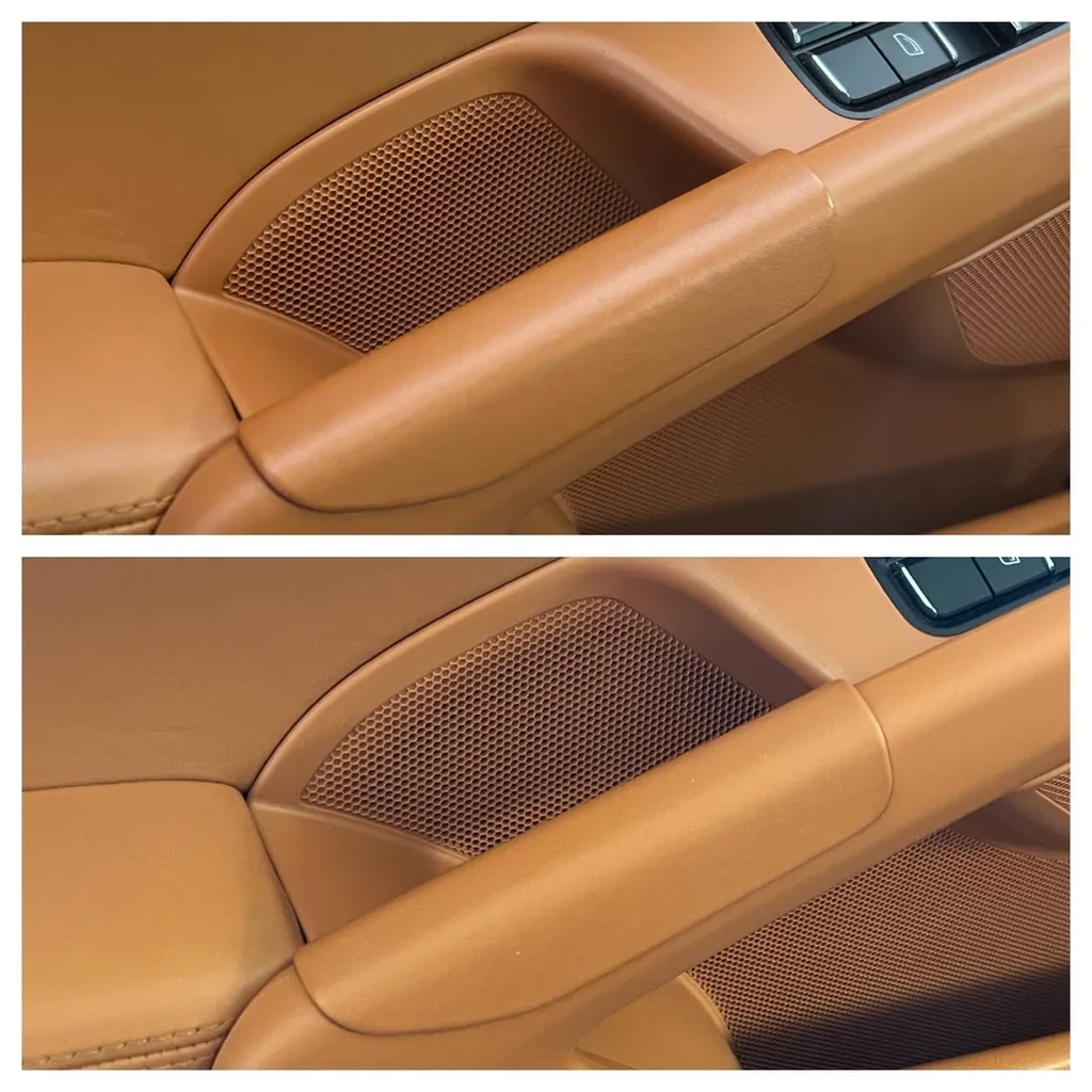Repigmentation d’un siège de Porsche abîmé, près du Mans en Sarthe.