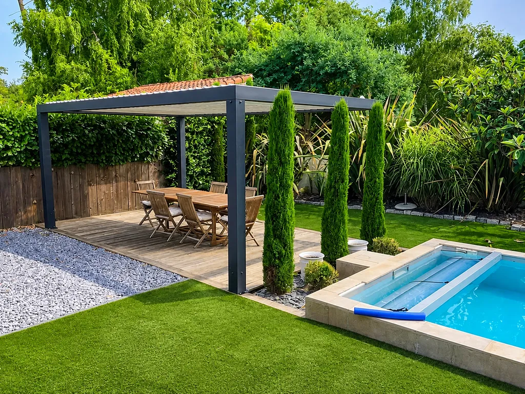Fabrication et pose d'une pergola bioclimatique à lames orientables gris anthracite