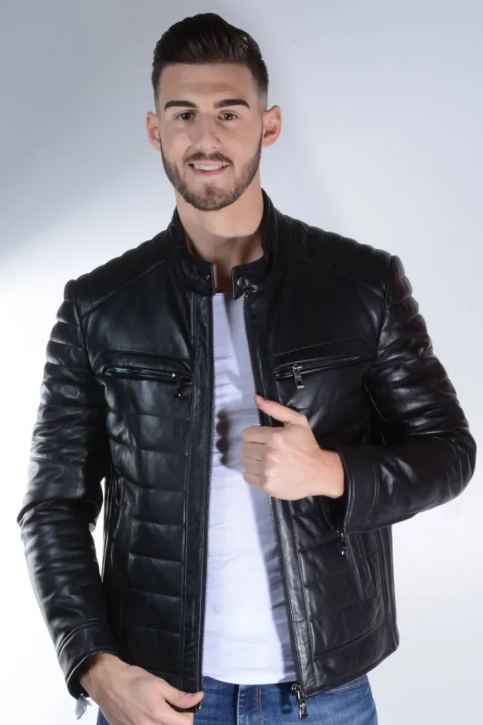 blouson cuir noir matelassé Giovanni homme