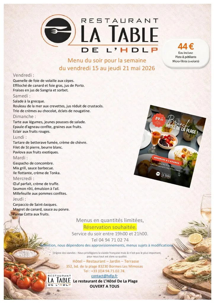 Menu du soir pour la semaine du 15 au 21 mai 2026 - La Table de L'HDLPL-Hôtel de La Plage. 
