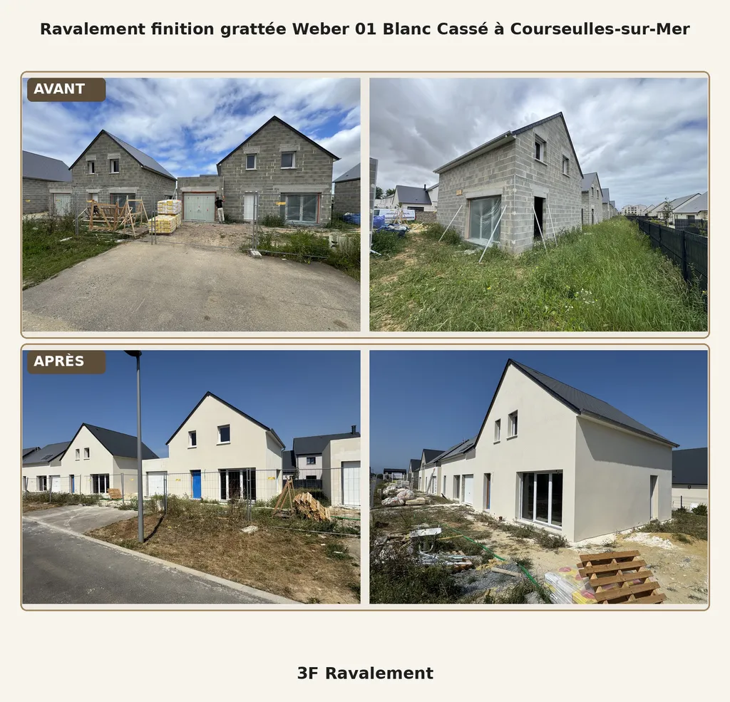 Ravalement de façade en finition grattée Weber 01 Blanc Cassé sur maisons neuves à Courseulles-sur-Mer dans le Calvados