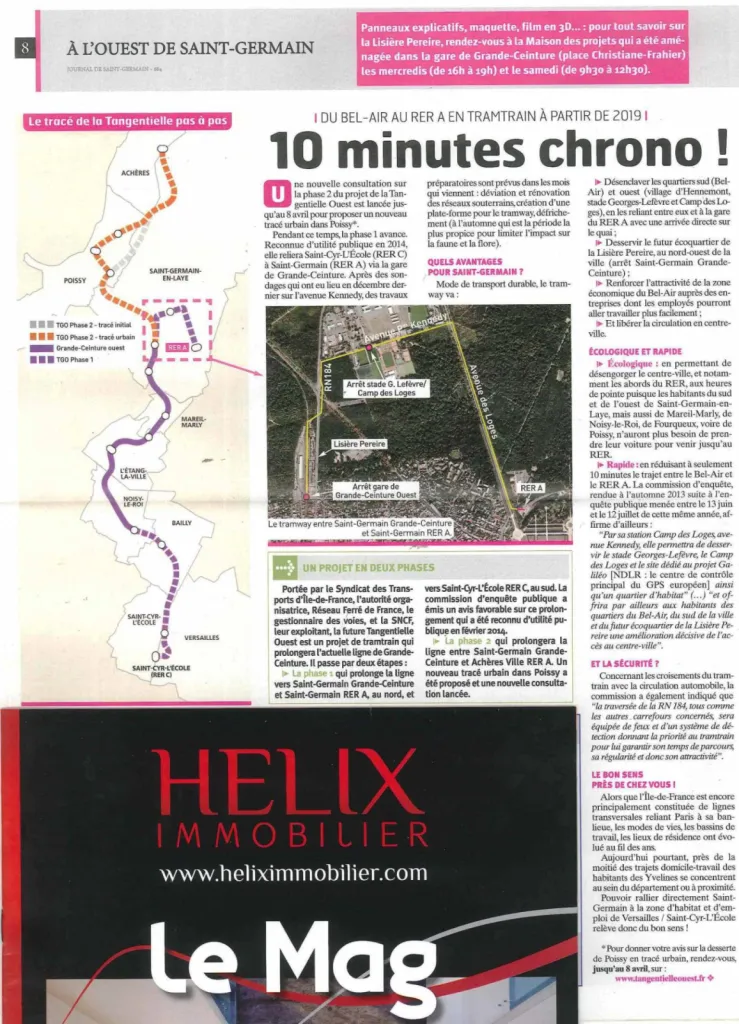 TRAMTRAIN À PARTIR DE 2019 À SAINT GERMAIN EN LAYE DE L'INFO HELIX IMMOBILIER