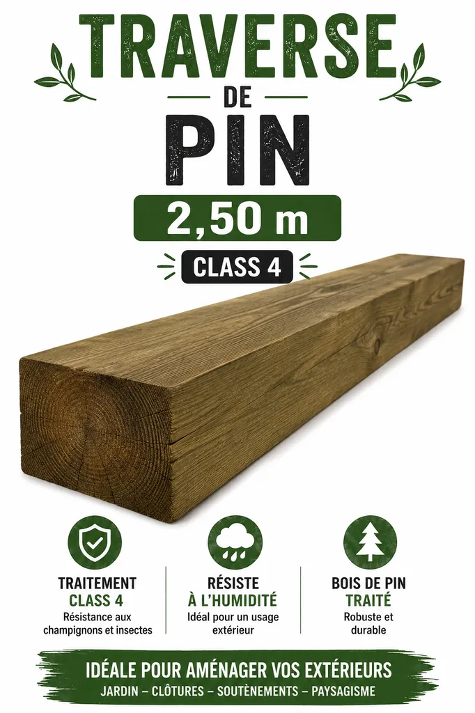Traverse en pin traité Classe 4 – Poutre paysagère 2,50 m pour aménagement extérieur