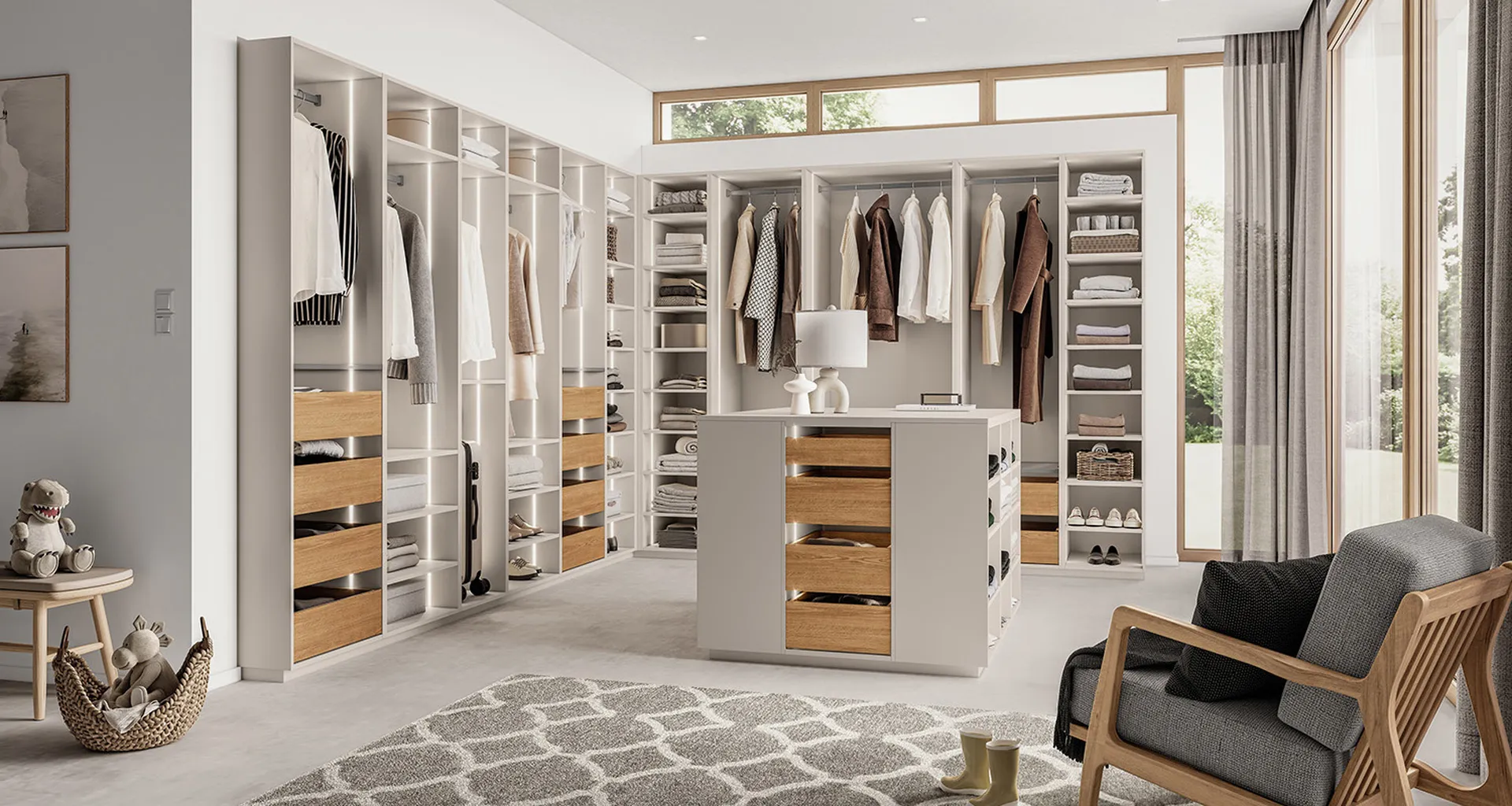Dressing sur mesure beige et bois avec ilot et éclairages intégrés