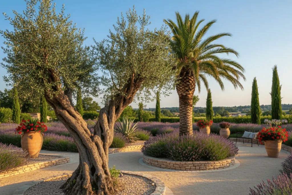 Conception de jardin méditerranéen avec oliviers et palmiers à Auterive dans le 31
