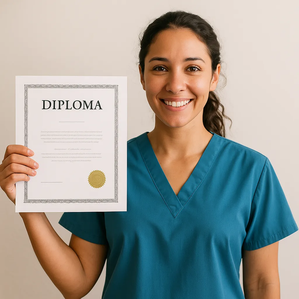 Auxiliaire de vie diplômée fière de sa certification dans le Var, une étape clé pour évoluer dans l’aide à domicile avec Le Temps Retrouvé.
