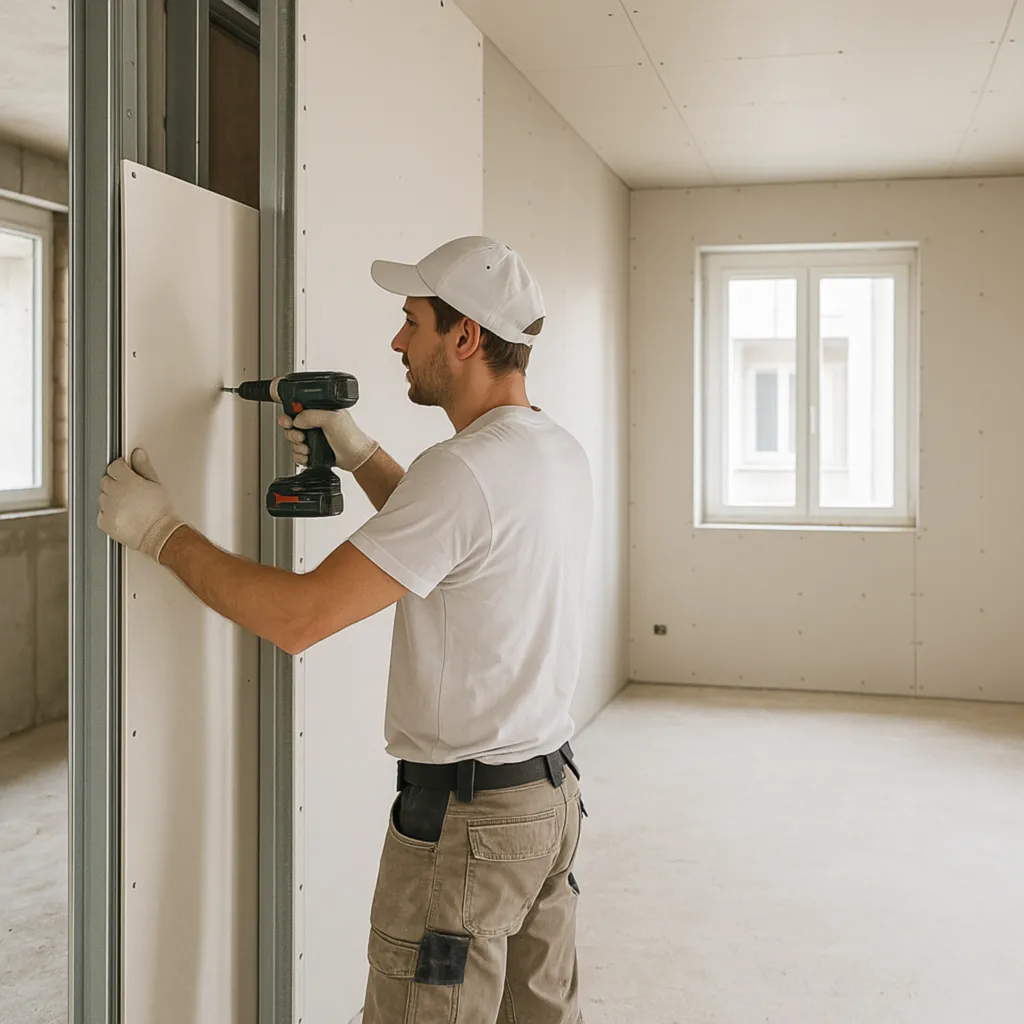 Plaquiste en rénovation d’appartement à Bordeaux fixant une plaque de plâtre sur une cloison avec une visseuse électrique