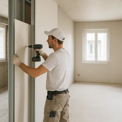 Plaquiste en rénovation d’appartement à Bordeaux fixant une plaque de plâtre sur une cloison avec une visseuse électrique