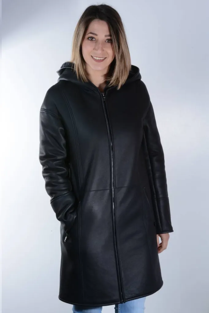 manteau peau lainée noire femme