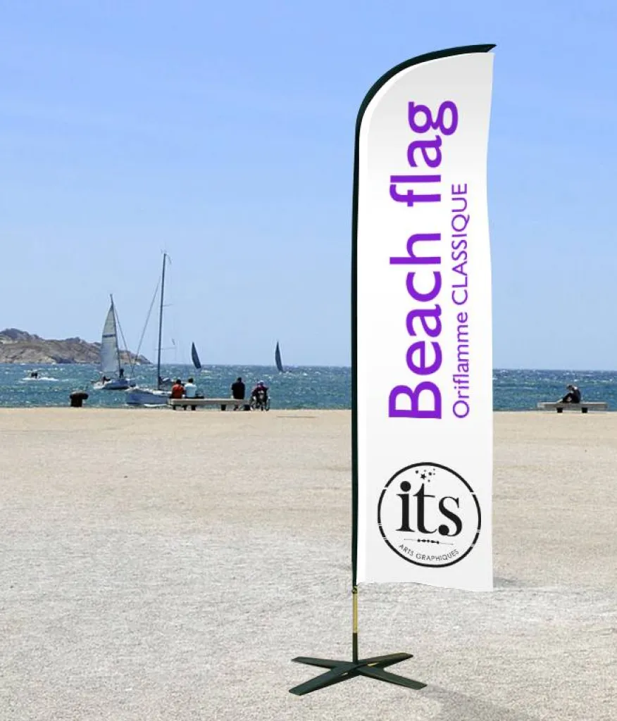 beach flag, drapeau pour salon et événement création chez its arts graphiques à aubagne