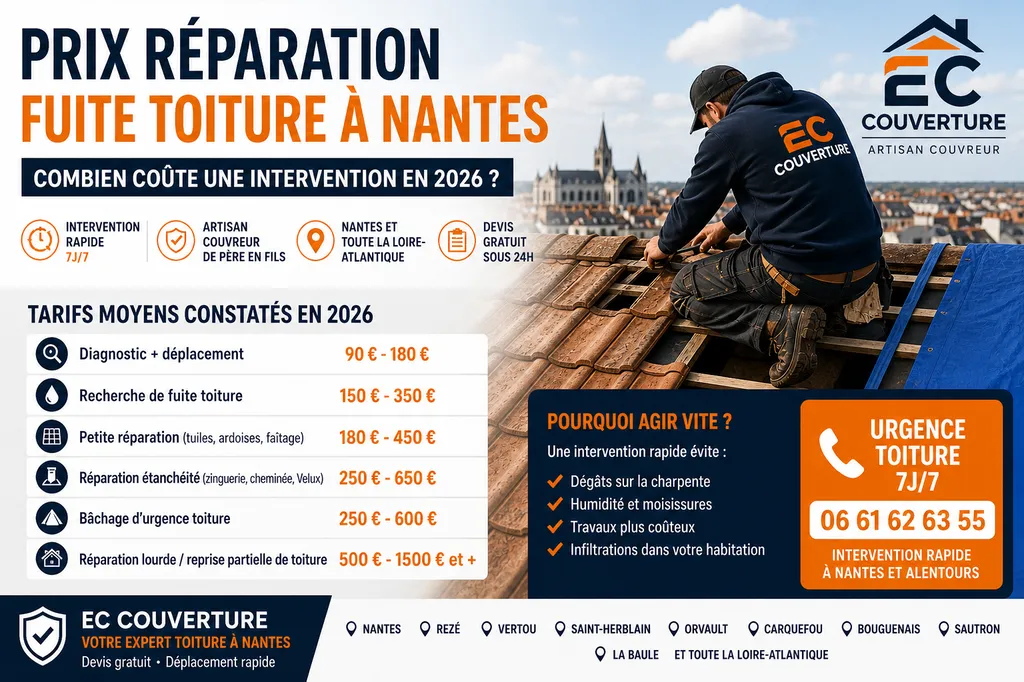 Prix réparation fuite toiture à Nantes : combien coûte une intervention de couvreur en 2026 ?