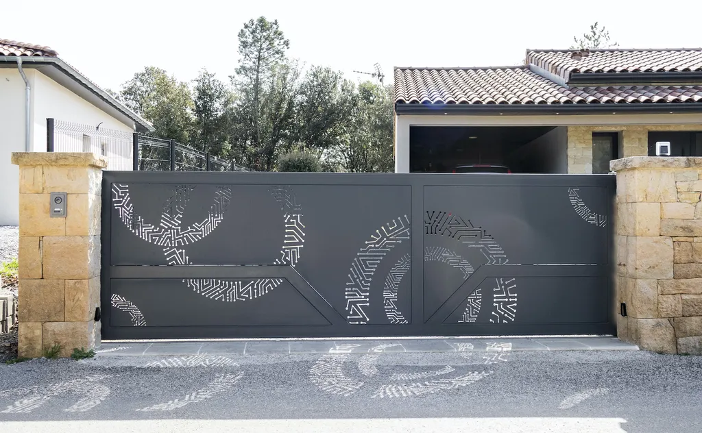 Portail à motifs découpé au plasma : une signature moderne et sécurisée pour votre villa en Sud Ardèche.