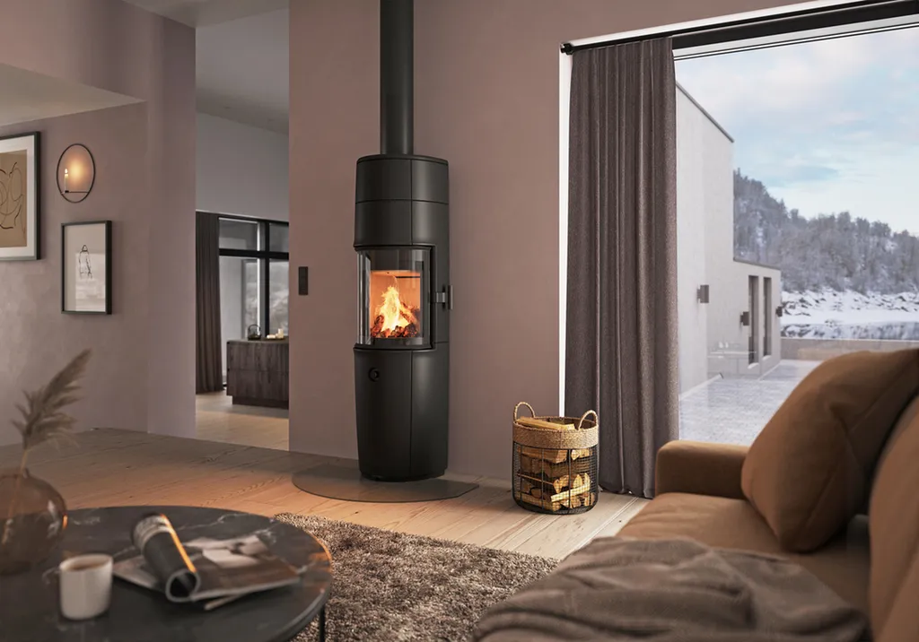 JOTUL F 176 ZENSORIC dans un intérieur taupe avec du parquet au sol