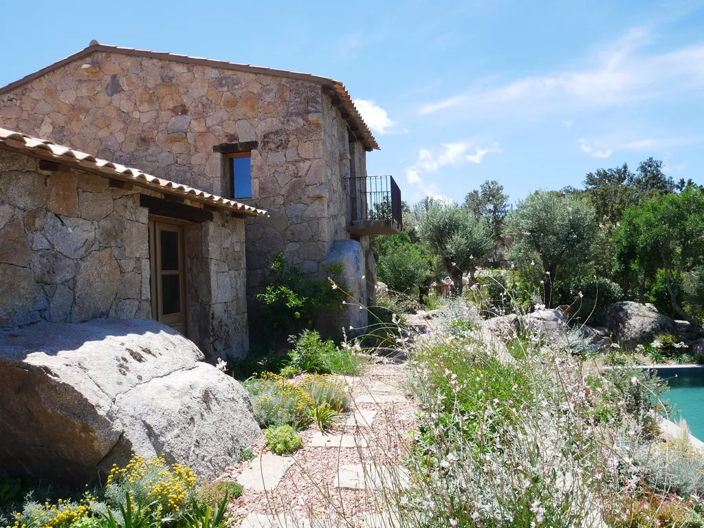 Aménagement paysager complet avec plantations méditerranéennes, pavage granit et éclairage de jardin sur mesure en Corse