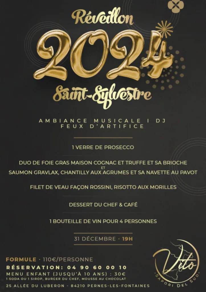 Menu du réveillon de la Saint-Sylvestre à Pernes-Les-Fontaines