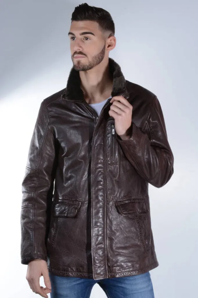 parka cuir marron homme