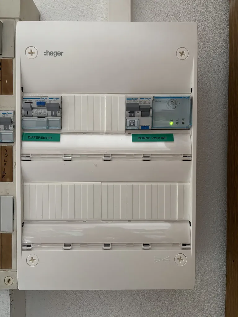 Tableau électrique Hager avec départ dédié étiqueté BORNE VOITURE et simulateur de TIC pour le délestage