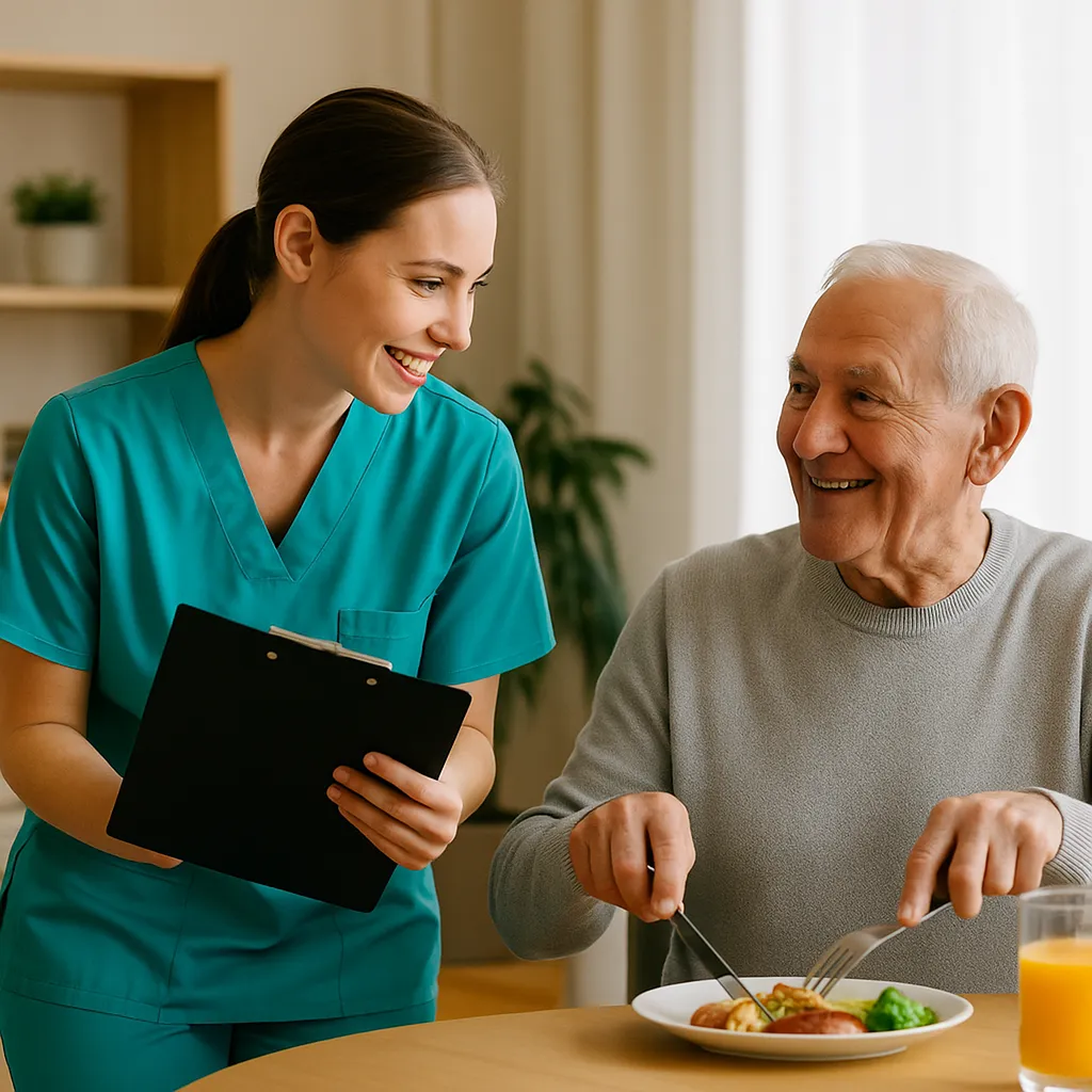 Auxiliaire de vie aidant un senior à préparer et partager un repas dans son domicile à Toulon, un accompagnement professionnel et humain avec Le Temps Retrouvé dans le Var.