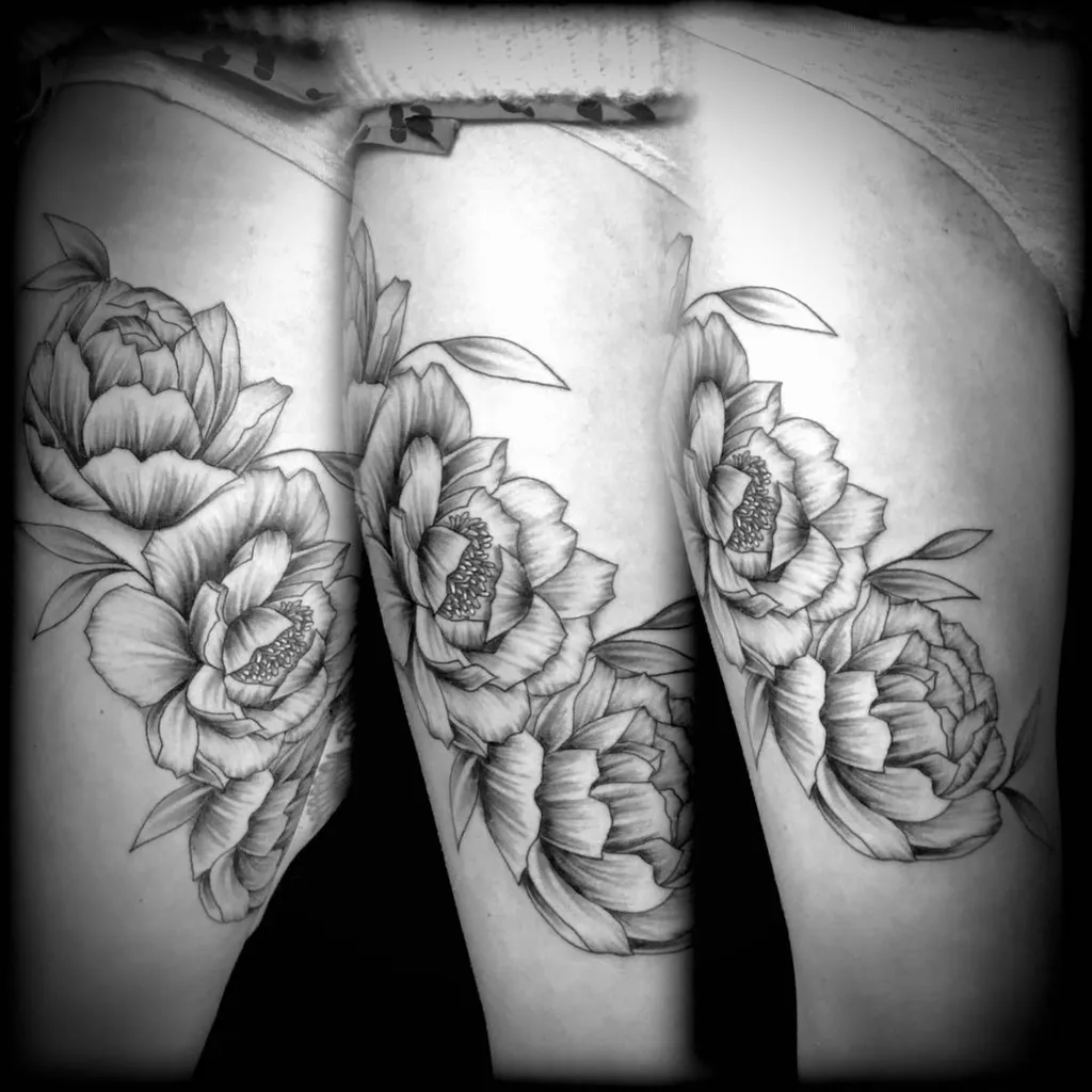 Tatouage d'une composition de pivoines sur la cuisse à Francheville