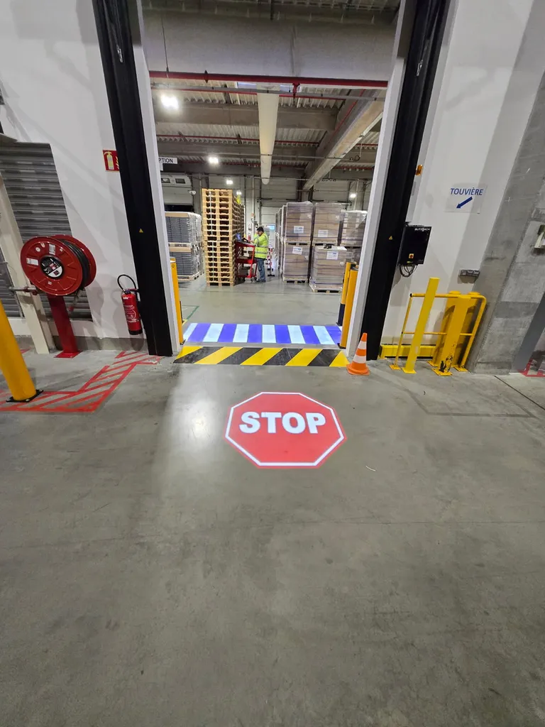 Projection de passage piéton et panneau stop pour une zone de co-activité piéton/chariot##details-passage+pieton+lumineux+avec+stop+projete+au+sol+securite+industrielle-160