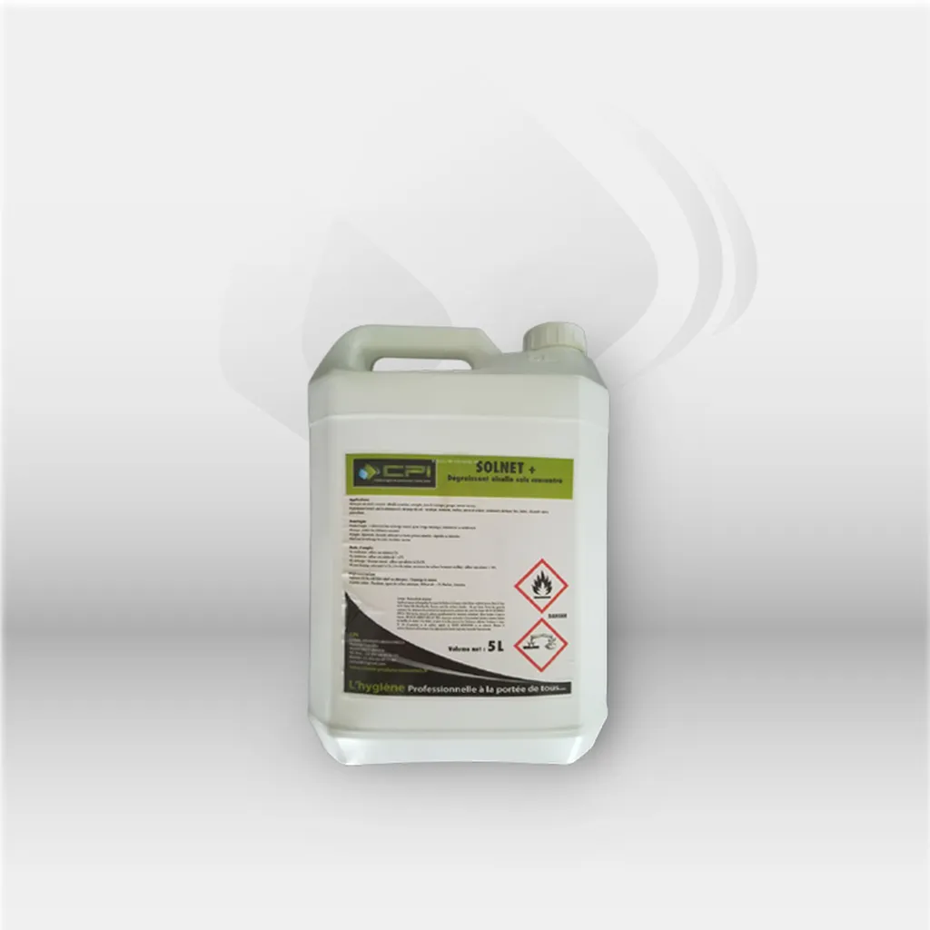 Nettoyant dégraissant concentré Solnet+ PLMS 1L et 5L, alcalin peu moussant pour décapage sols carrelages bétons époxy, lavage manuel et mécanique monobrosse autolaveuse, ateliers garages voiries collectivités – disponible à Mont-de-Marsan, Landes (40), N