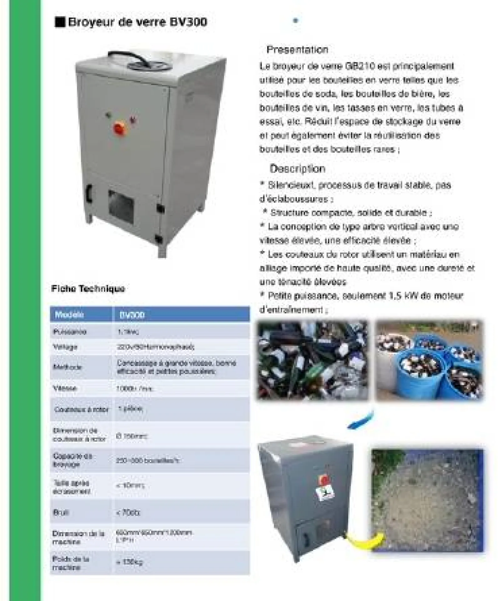 Broyeur de bouteilles en verre BV300 | Solution efficace pour le recyclage du verre