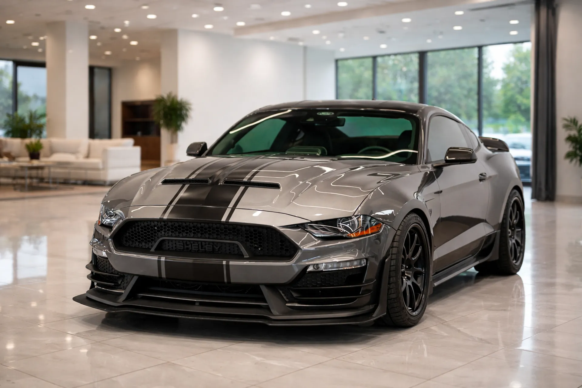 Mustang Shelby GT500 super snake 98 eme anniversaire gris foncé intérieur showroom luxe